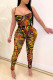 Yellow Sexy Print Patchwork See-through Spaghetti Strap Sleeveless Two Pieces