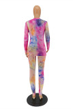 Fuchsia Fashion Casual Print Tie Dye Basic O Neck Long Sleeve Two Pieces