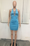 Pink Sexy Solid Hollowed Out Halter Pencil Skirt Dresses