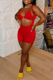 Red Fashion Sexy Solid Hollowed Out Spaghetti Strap Sleeveless Two Pieces