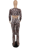 Red Sexy Leopard Patchwork V Neck Long Sleeve Two Pieces