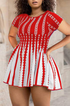 Red Casual Striped Print Split Joint O Neck A Line Dresses