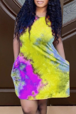 Red Casual Patchwork Tie-dye O Neck Straight Dresses