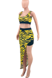 Yellow Sexy Animal Print High Opening U Neck Sleeveless Two Pieces