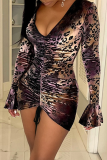 Purple Sexy Print Patchwork V Neck Pencil Skirt Dresses