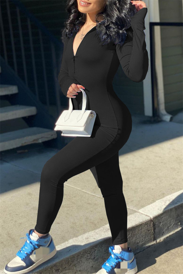 Black Fashion Casual Solid Basic Zipper Collar Skinny Jumpsuits