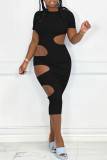 Yellow Fashion Sexy Solid Hollowed Out O Neck Short Sleeve Dress Dresses