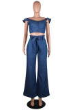 Blue Fashion Casual Solid Backless O Neck Sleeveless Two Pieces
