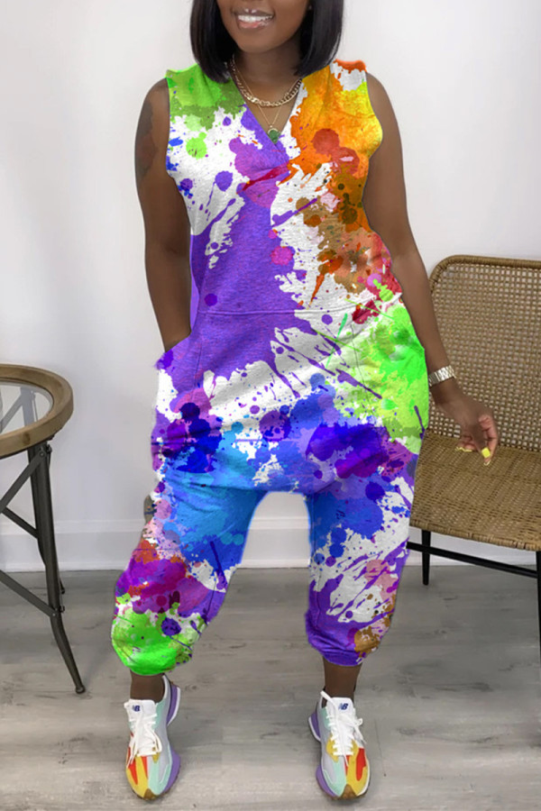 Purple Fashion Casual Print Basic V Neck Sleeveless Regular Jumpsuits