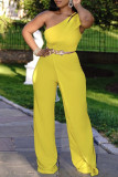 Yellow Sexy Casual Solid Backless One Shoulder Regular Jumpsuits