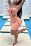 Pink Fashion Sexy Solid Hollowed Out Backless Strapless Sleeveless Dress