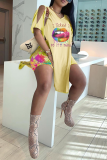 Yellow Casual Print High Opening O Neck Short Sleeve Two Pieces