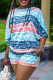 Blue Casual Print Backless O Neck Short Sleeve Two Pieces