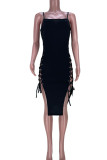 White Sexy Solid Patchwork Frenulum Spaghetti Strap Pencil Skirt Dresses