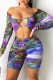 Blue Sexy Print Hollowed Out Off the Shoulder Skinny Rompers
