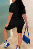 Black Fashion Casual Letter Print Basic O Neck Short Sleeve Two Pieces