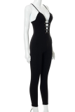 Black Sexy Solid Hollowed Out V Neck Skinny Jumpsuits