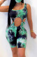 Green Fashion Sexy Print Tie Dye Hollowed Out Strap Design U Neck Skinny Rompers