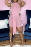 Pink Fashion Casual Solid Bandage Slit O Neck Sleeveless Two Pieces
