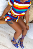 Colour Casual Striped Patchwork O Neck Short Sleeve Two Pieces