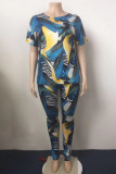 Blue Fashion Casual Print Basic V Neck Short Sleeve Two Pieces
