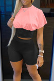 Pink Casual Solid Patchwork O Neck Short Sleeve Two Pieces