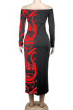 Red Sexy Print Patchwork Off the Shoulder Pencil Skirt Dresses