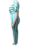 Green Fashion Casual Striped Print Basic V Neck Regular Jumpsuits