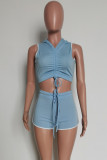 Baby Blue Fashion Casual Solid Split Joint Hooded Collar Sleeveless Two Pieces