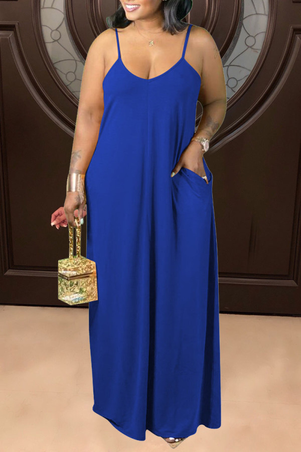 Blue Casual Solid Patchwork Spaghetti Strap Straight Dresses