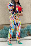 Rainbow Color Sexy Print Patchwork Long Sleeve Two Pieces