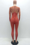 Red Sexy Solid Mesh O Neck Skinny Jumpsuits