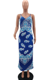 Blue Sexy Print Patchwork Spaghetti Strap Straight Dresses