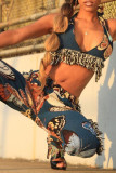 Deep Blue Sexy Print Tassel Patchwork Frenulum Backless Halter Sleeveless Two Pieces