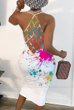 White Sexy Print Split Joint Backless Spaghetti Strap Pencil Skirt Dresses