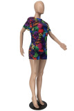 Multicolor Fashion Casual Print Basic O Neck Short Sleeve Two Pieces