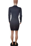 Blue Casual Solid Patchwork Asymmetrical O Neck Pencil Skirt Dresses