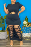 Black Sexy Solid Hollowed Out O Neck Straight Plus Size Dresses