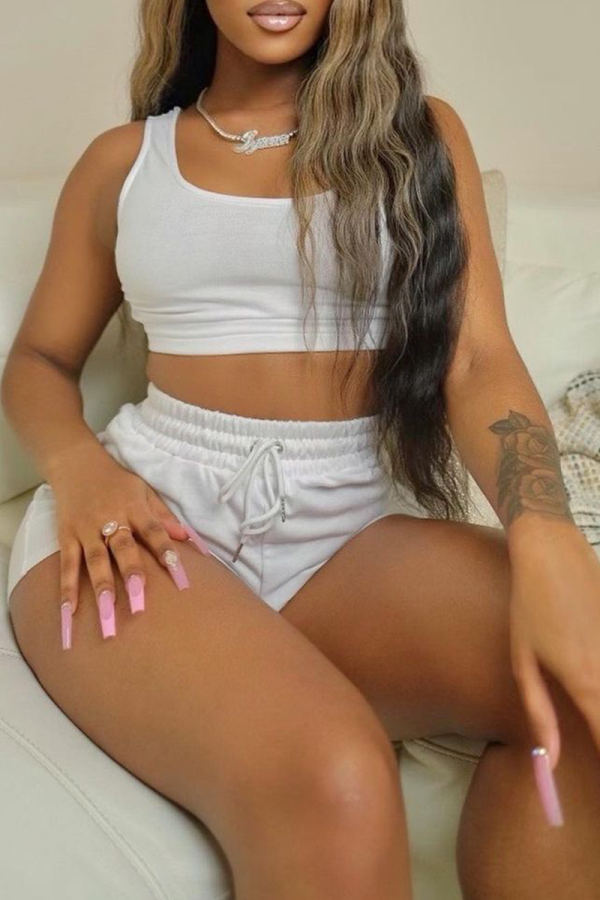White Casual Solid Patchwork U Neck Sleeveless Two Pieces