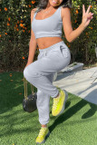 Yellow Casual Sportswear Solid Vests Pants U Neck Sleeveless Two Pieces