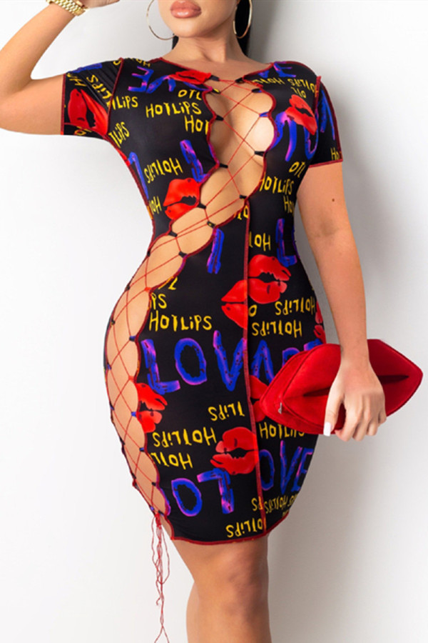 Multicolor Fashion Sexy Print Hollowed Out O Neck Short Sleeve Dress