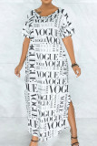 White Casual Print Patchwork Slit Asymmetrical O Neck Straight Dresses
