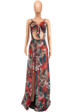 Red Sexy Print Hollowed Out Patchwork Swimwears