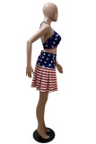 Blue Red Fashion Sexy Print Backless Strap Design Halter Sleeveless Two Pieces