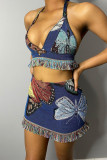 The cowboy blue Casual Print Tassel Patchwork Halter Sleeveless Two Pieces