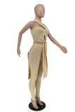 Khaki Sexy Casual Solid Hollowed Out Slit O Neck Sleeveless Two Pieces