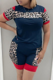 Blue Fashion Casual Leopard Patchwork O Neck Short Sleeve Two Pieces