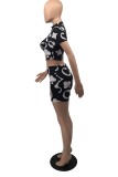Black Casual Print Hollowed Out O Neck Short Sleeve Two Pieces