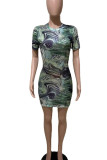Green Sexy Print Patchwork O Neck Pencil Skirt Dresses