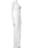White Sexy Solid Hollowed Out Patchwork High Opening Halter Straight Dresses